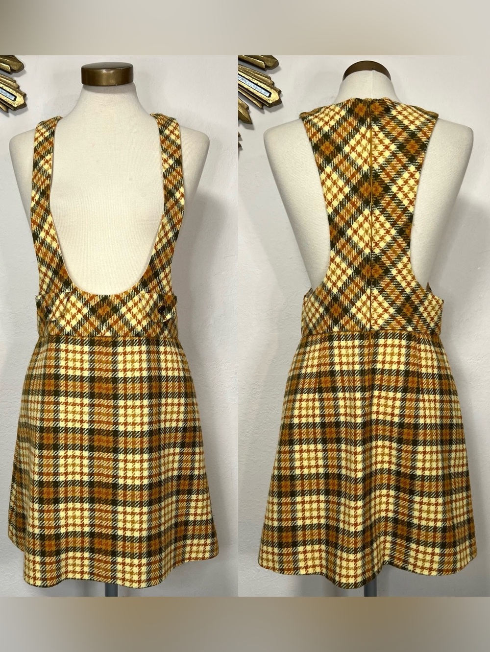 Vintage Plaid Pinafore Mini Dress in Mustard and Brown